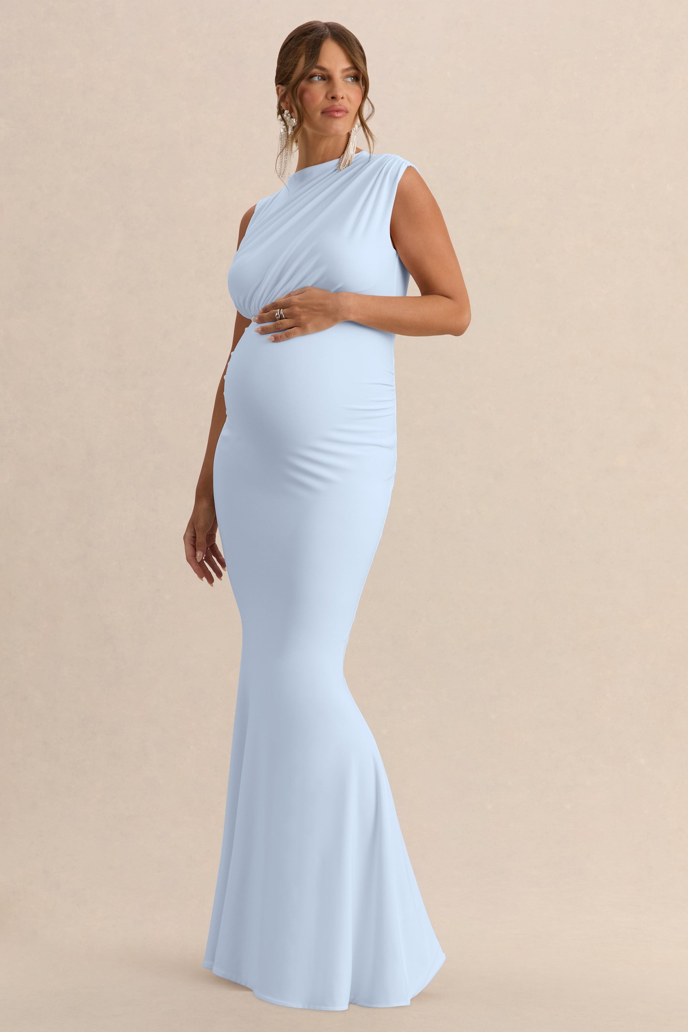 Osanna | Light Blue Jersey Round Neck Maternity Maxi Dress With Gathered Detailing view 3