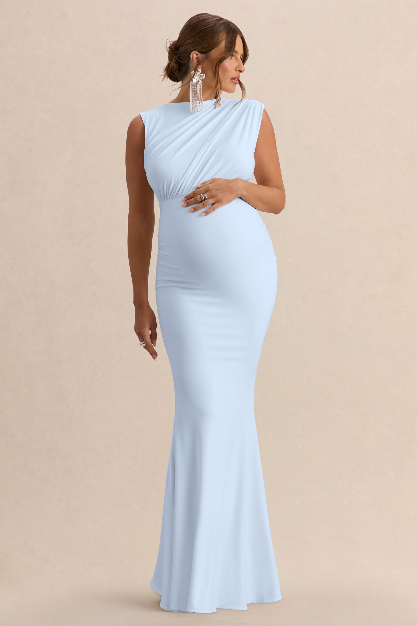 Osanna | Light Blue Jersey Round Neck Maternity Maxi Dress With Gathered Detailing